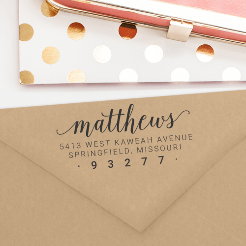 A custom address stamp available as a self inking or a wood mounted stamp. A beautiful stamp for wedding invitations, gifts or housewarming presents. T262