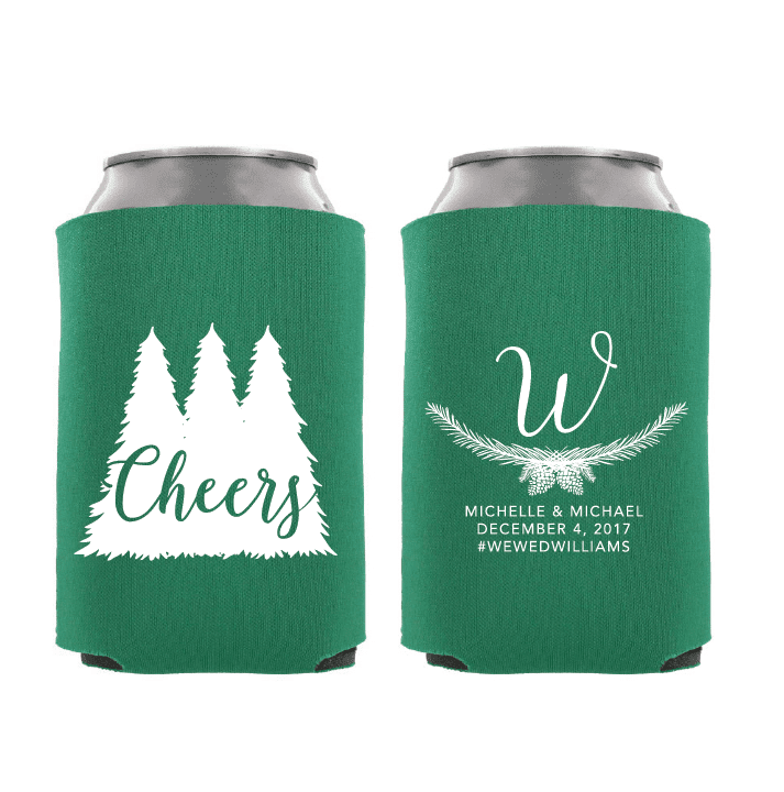 Cheers Wedding Koozie with Trees for Winter Wedding Favors T398