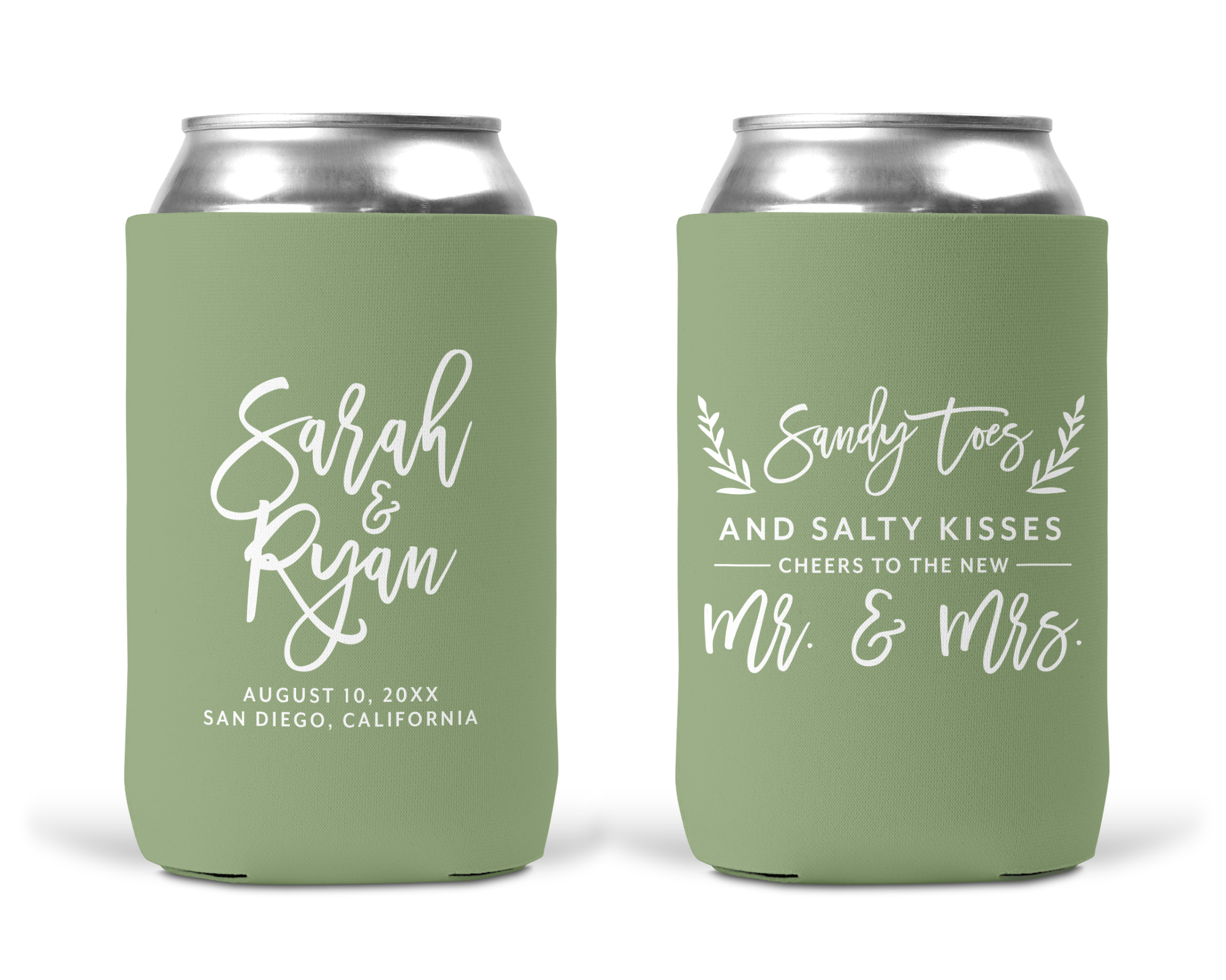 Sandy Toes and Salty Kisses Cheers to the Mr. and Mrs. Wedding Koozie Can Cooler Personalized - Style #770