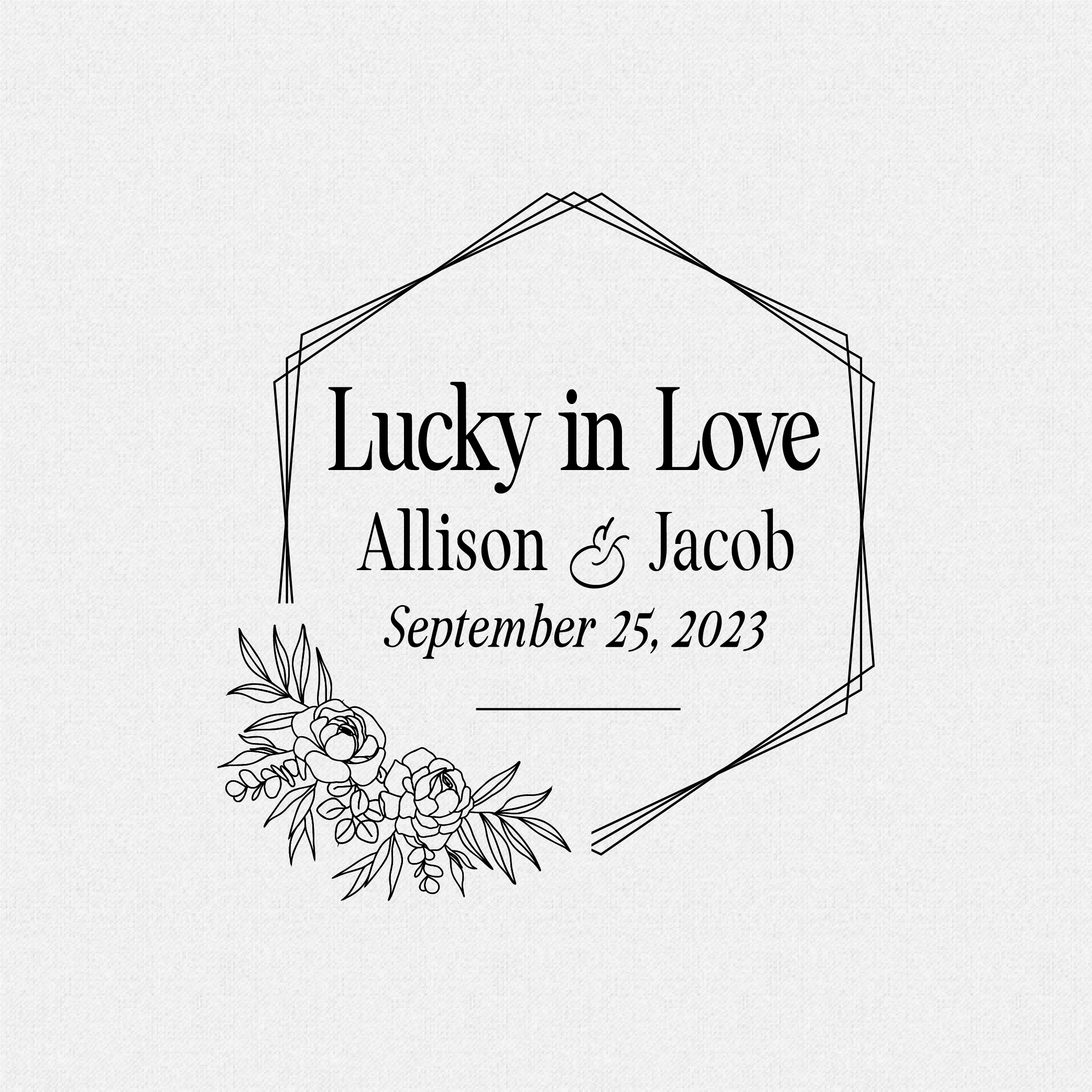Personalized Lucky in Love Wedding Favor Rubber Stamp for Crafts or Kraft with Peonies and Hexagon Style - Style T#459