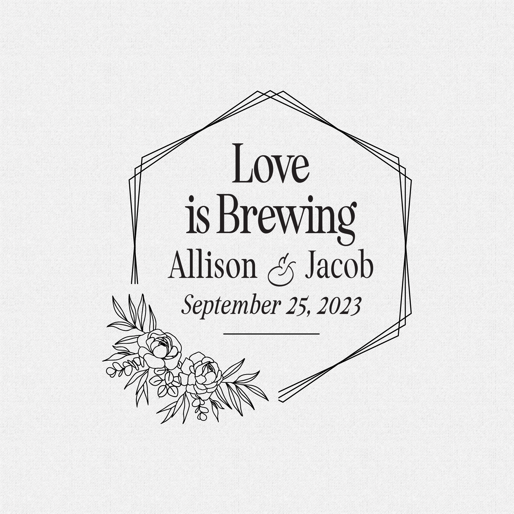 Personalized Love is Brewing Wedding Favor Rubber Stamp for Coffee Bars, Coffee Cups, Coffee Sleeves Hexagon style with Peonies - Style T471