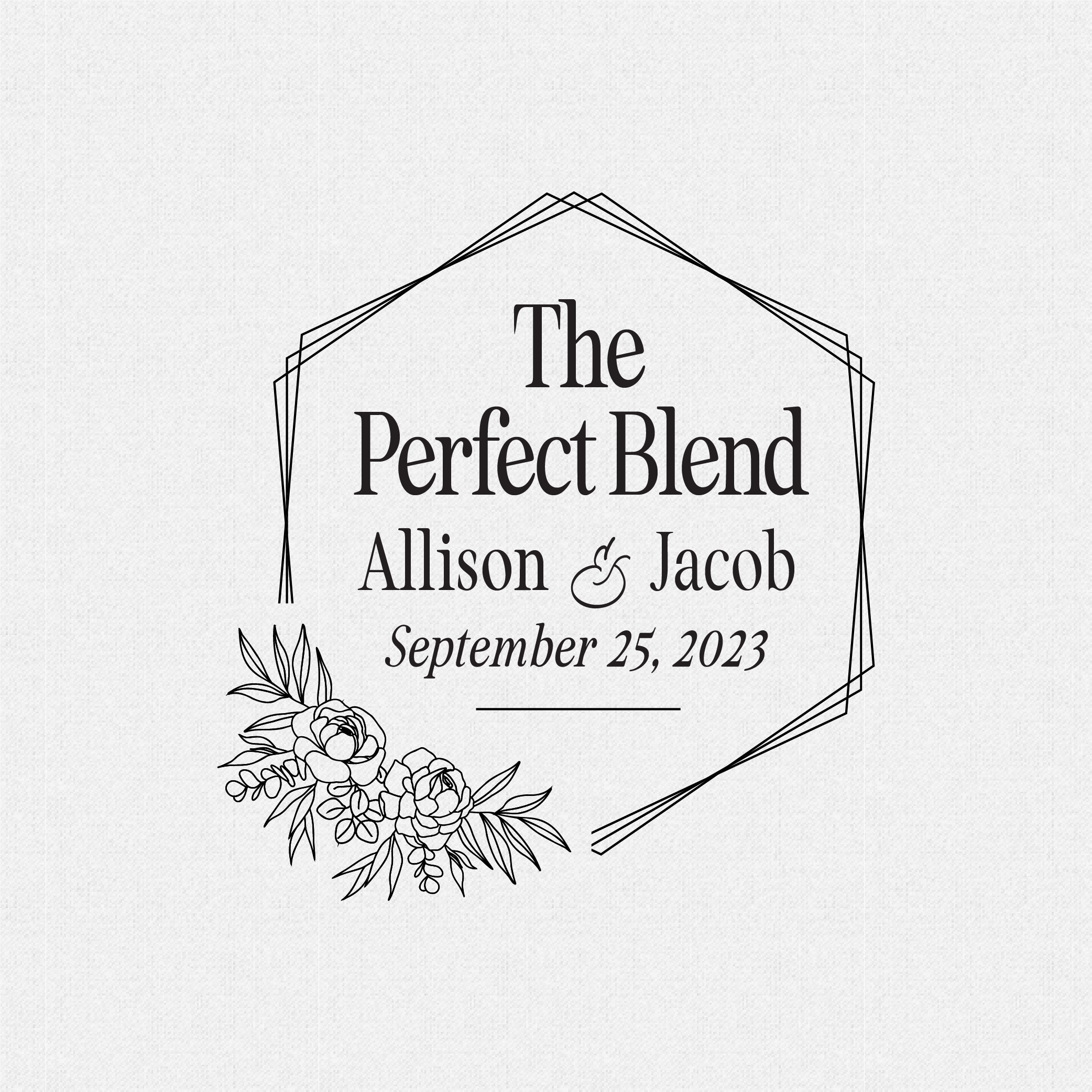 Personalized Custom The Perfect Blend Wedding Favor Rubber Stamp Hexagon with Peonies for Coffee Wedding Favors, Coffee Bags, Coffee Drinks - Style T#473