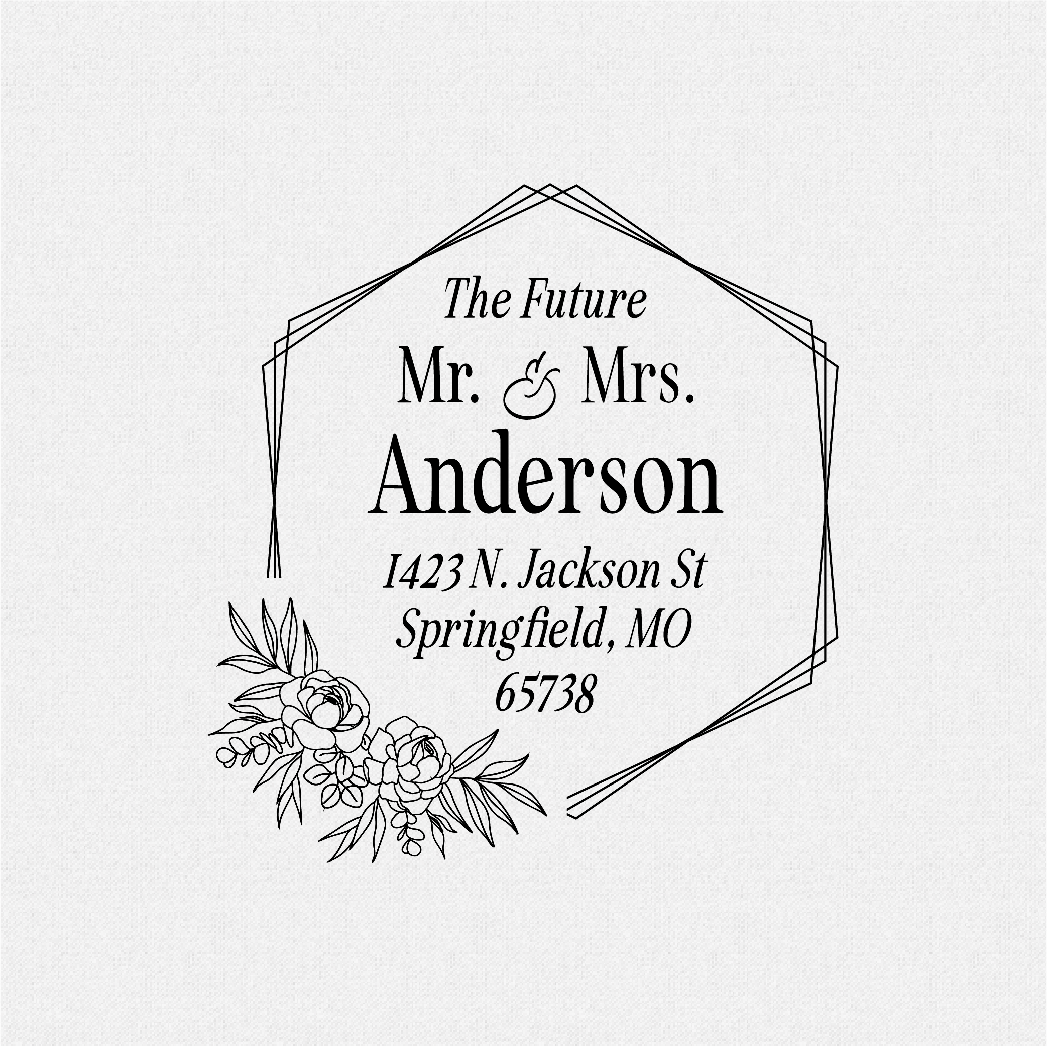 Personalized The Future Mr. & Mrs Wedding Invitation Rubber Stamp with Hexagon and Peonies Self Inking - Style T#531