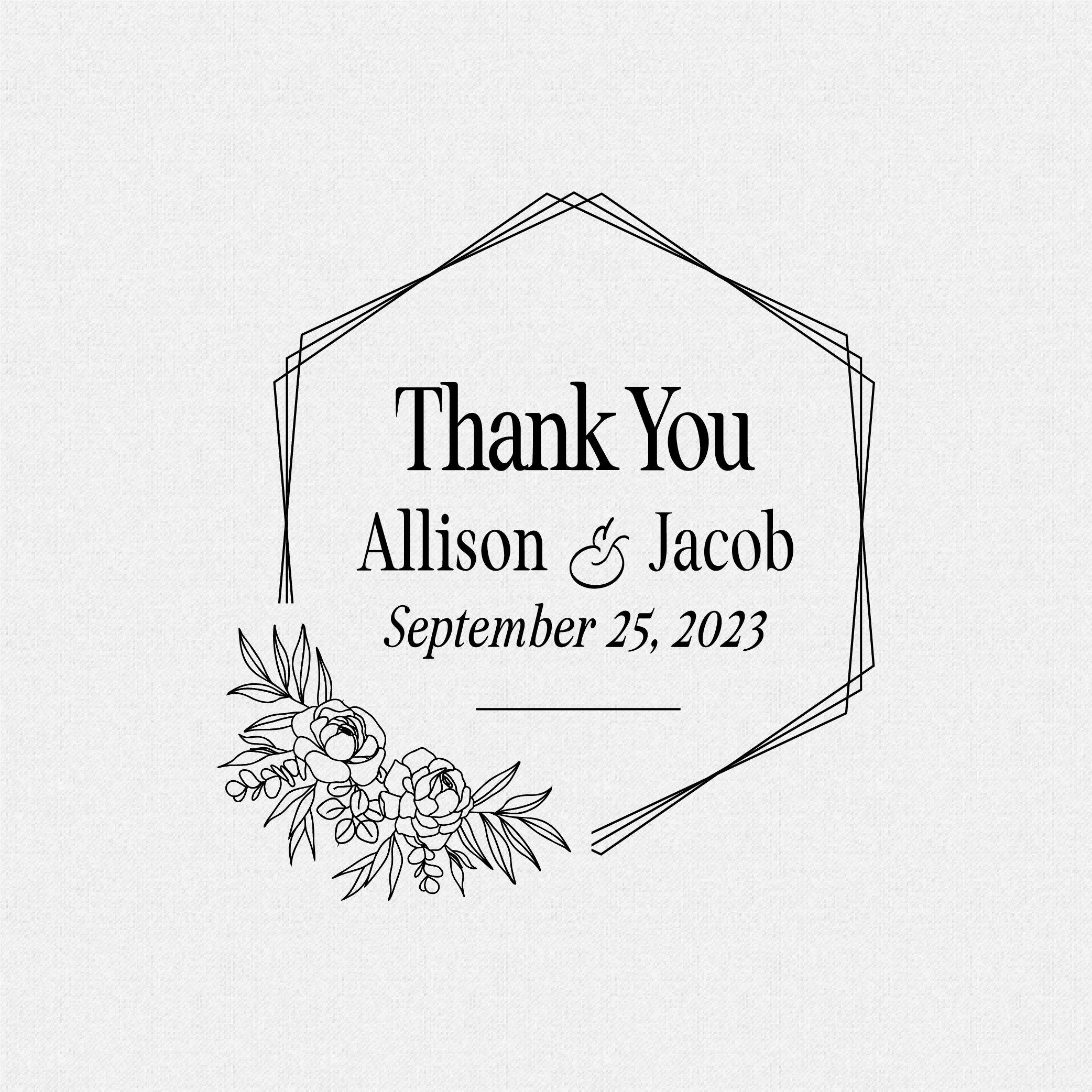 Personalized Thank You Rubber Stamp for Wedding Favors in a Hexagon Style with Peonies Florals - Style T#573