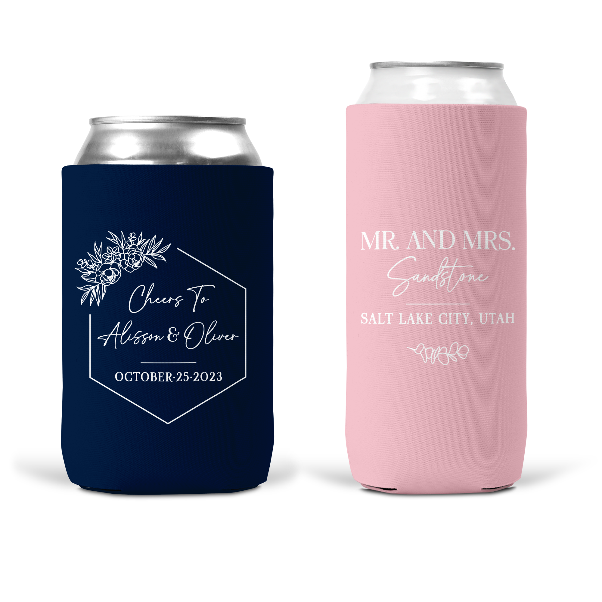 Wedding Koozies Navy and Blush with Hexagon Florals featuring a handwritten cursive and serif fonts - Style T#330