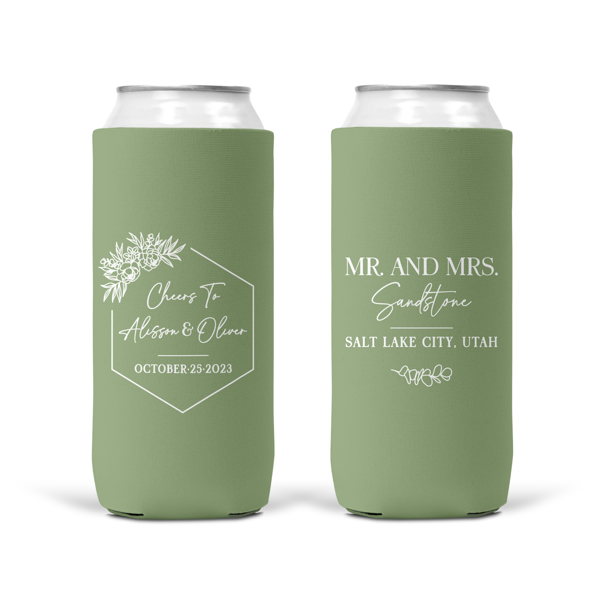 Wedding Koozies Sage with Hexagon Florals featuring a handwritten cursive and serif fonts - Style T#330