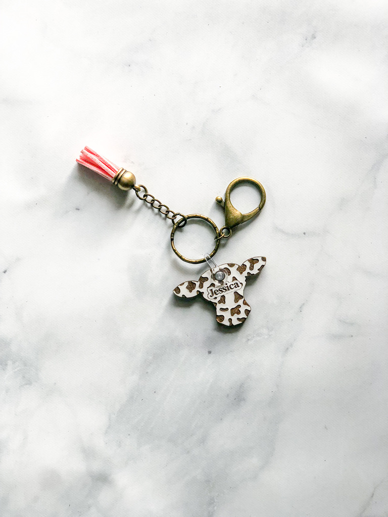 Personalized Cow Head Keychain with Name and Colored Tassel - Style #K01